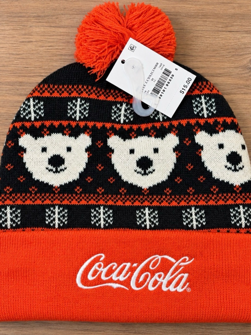 Coca-Cola Polar Bear Fair Isle Pom Beanie Black Orange NWT
